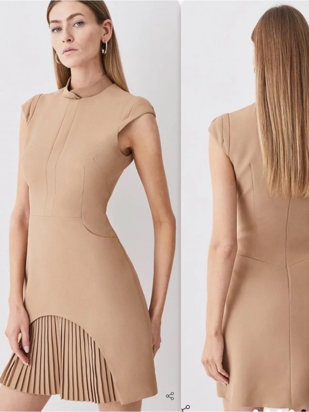 Karen Millen Nude Tan Classic Pleated Military Mini Dress Capsule Neutral Size 8